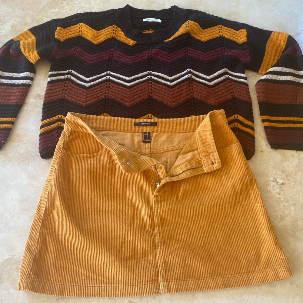 3 items: Women’s Forever 21 Corduroy Skirt + Sweater + Twilight Black Skirt.